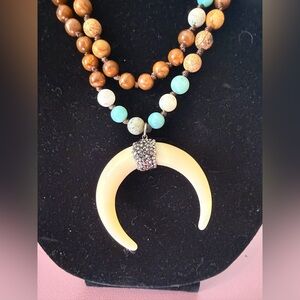 Boho Crescent Horn Pendant Necklace - Cream & Turquoise Beads